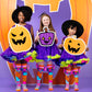 Kids wearing Disney Stitch Halloween socks with pumpkin props, witch costumes, and colorful trick or treat graphics.