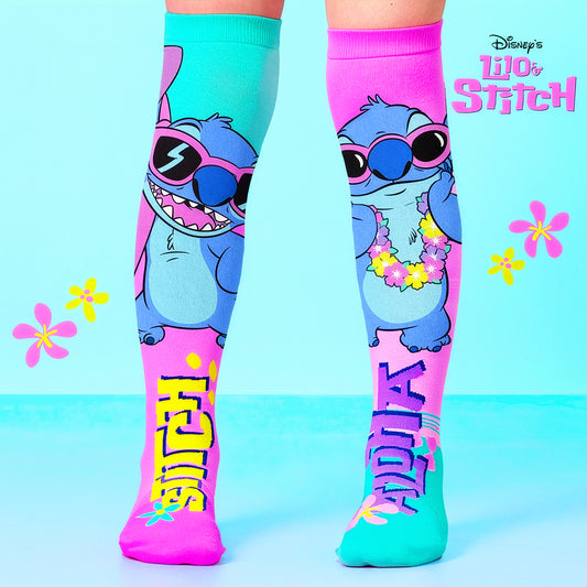 Cute Stitch novelty socks with Hawaiian flower graphics and colorful Disney character design.