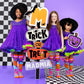 Kids wearing Disney Stitch neon Halloween knee high socks with pumpkin graphics, trick or treat text, and colorful witch costumes.