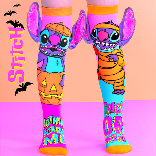Disney Stitch neon Halloween socks with 3D ears, pumpkin artwork, and trick or treat graphics in bright pink and orange colors.
