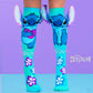 Disney Stitch silver novelty socks close up showing sparkling details and bright colorful design. 