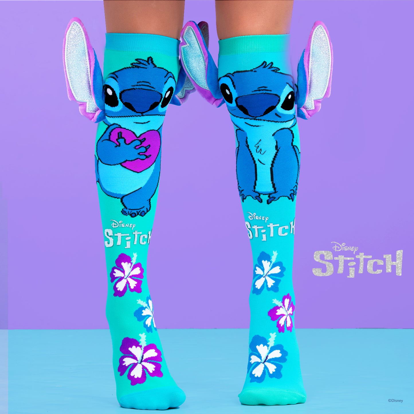 Disney Stitch silver novelty socks close up showing sparkling details and bright colorful design. 