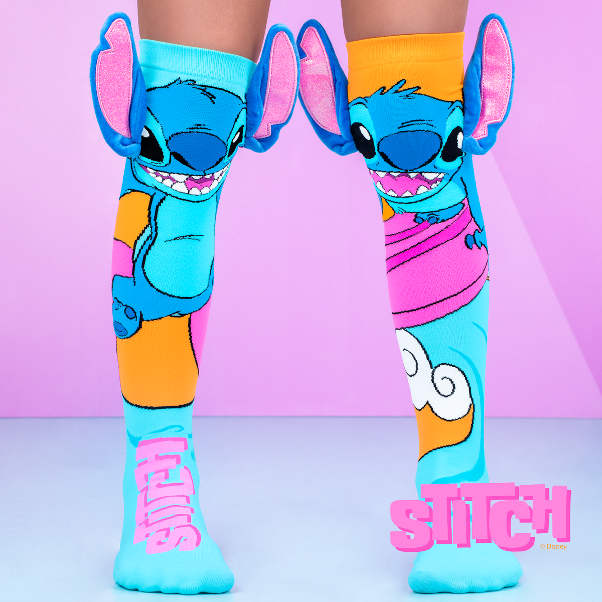 Disney Stitch surf knee high socks for kids featuring Stitch with tropical colors and sparkly 3D ears.
