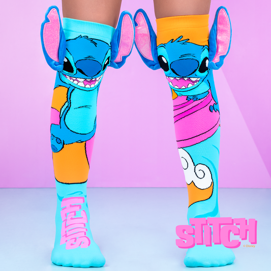 Disney Stitch surf knee high socks for kids featuring Stitch with tropical colors and sparkly 3D ears.