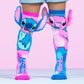 Disney Stitch and Angel knee high socks for kids featuring colorful design and 3D plush ears detail.