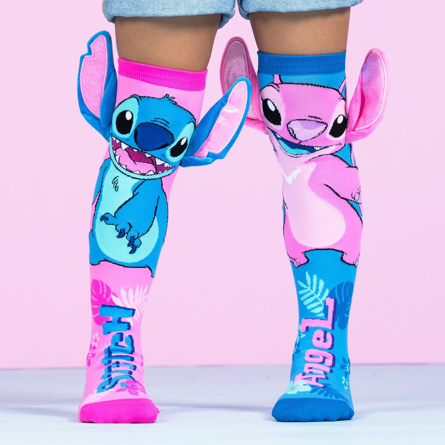 Disney Stitch and Angel knee high socks for kids featuring colorful design and 3D plush ears detail.