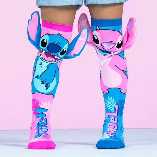 Disney Stitch and Angel knee high socks for kids featuring colorful design and 3D plush ears detail.