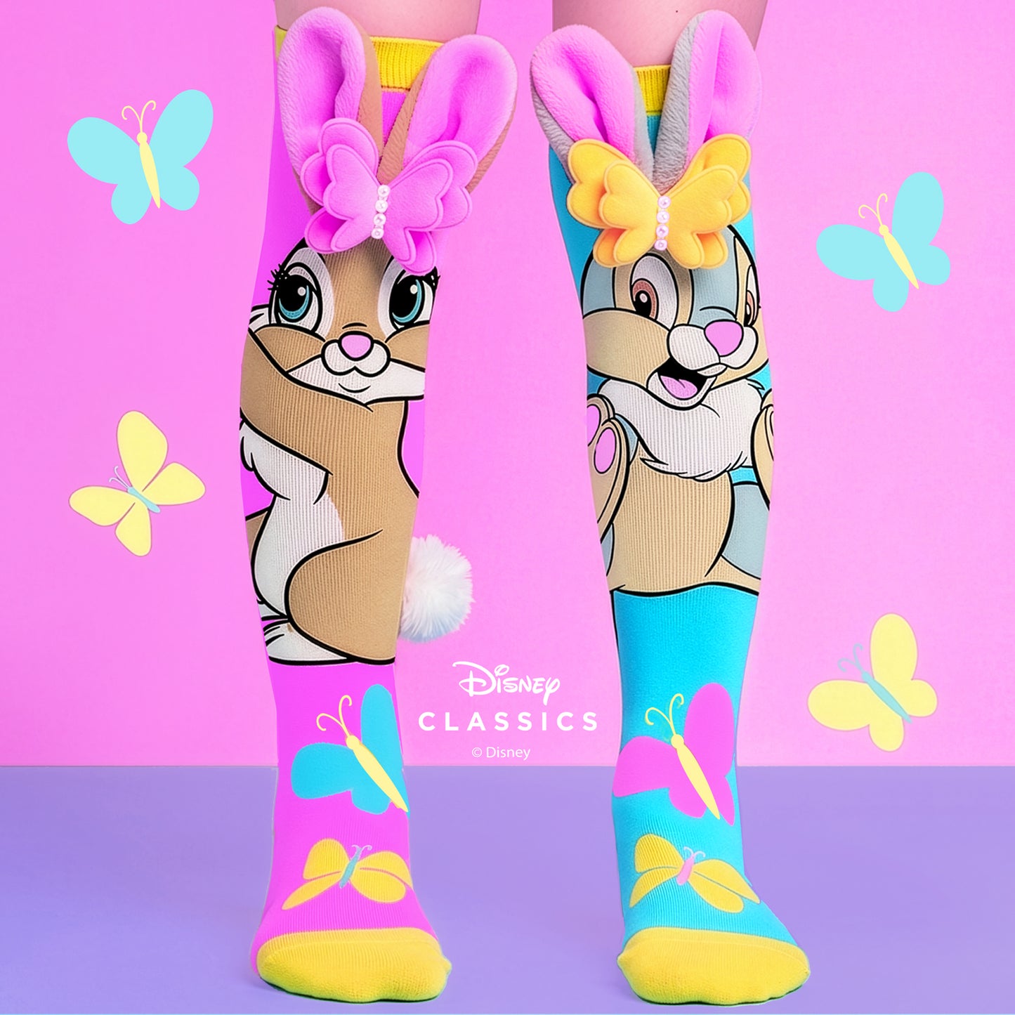 Disney Thumper bunny knee high socks featuring plush ears, butterfly bows and colorful butterfly artwork.