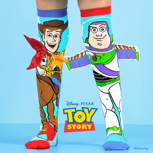 Disney Toy Story knee high socks featuring Woody and Buzz Lightyear in colorful character design.