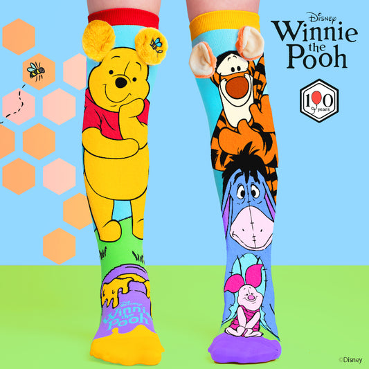 Colorful Disney Winnie the Pooh knee high socks featuring Pooh, Tigger, Eeyore and Piglet with plush 3D ears