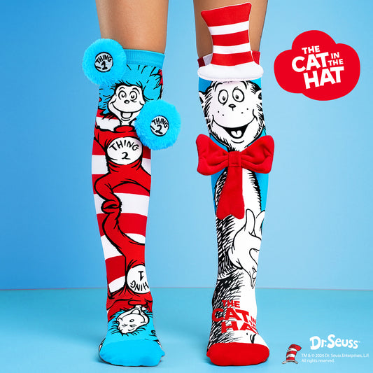 Novelty Dr. Seuss socks featuring Cat in the Hat, Thing 1 and Thing 2 artwork.