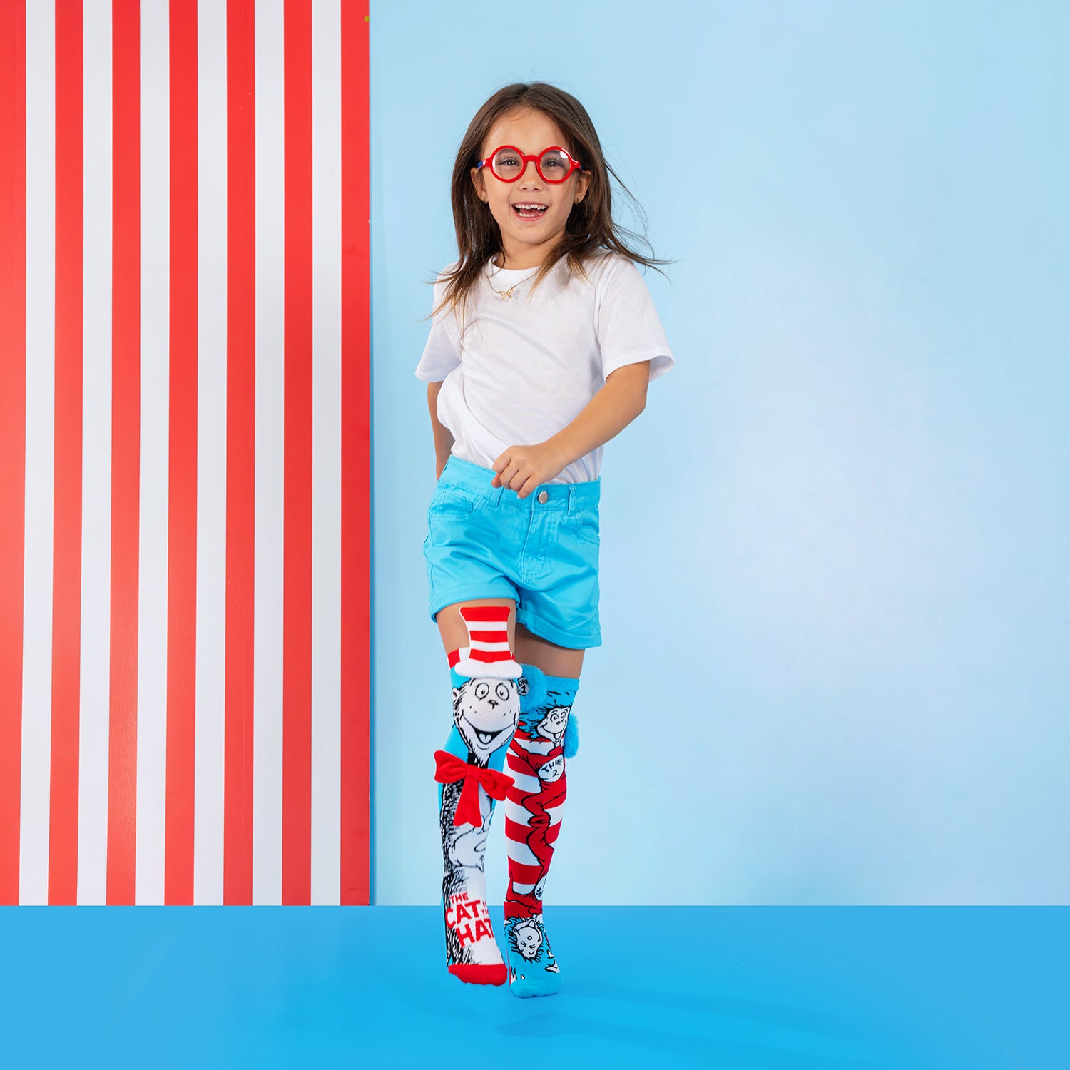Kids novelty socks inspired by Cat in the Hat with bright red, white and blue character design.