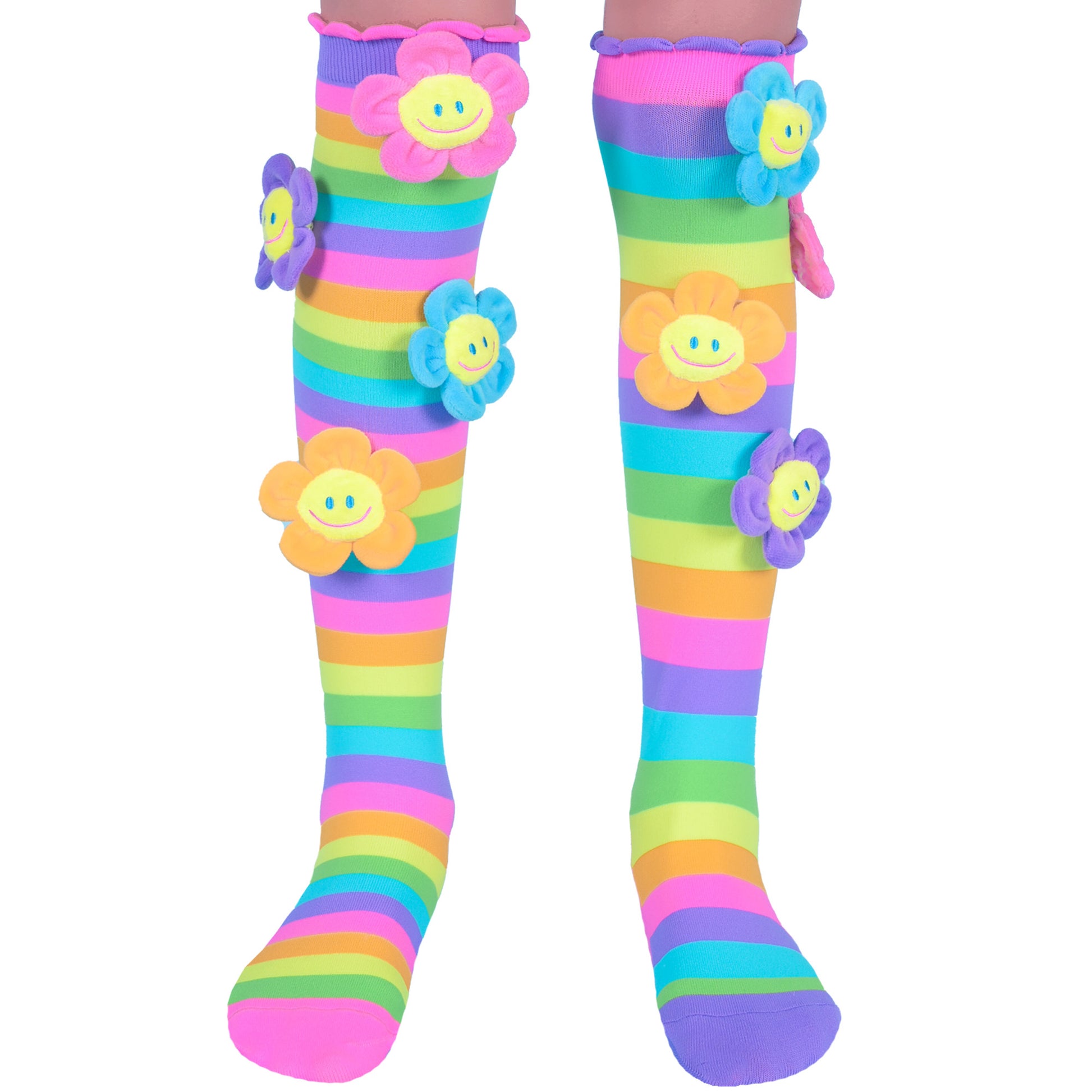 Floral novelty socks featuring colorful spring-inspired design and soft plush flower details.