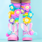 Flower Fun knee high socks featuring colorful design and custom-made plush flower details.