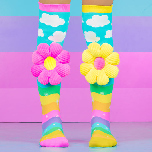 Cute flower power socks featuring rainbow stripes, clouds, and 3D flowers