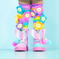 Fun flower knee high socks for kids and adults with bright colors and plush floral details.