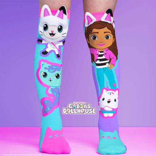 Gabby’s Dollhouse kids knee-high socks with Gabby and cartoon cat characters in bright colors