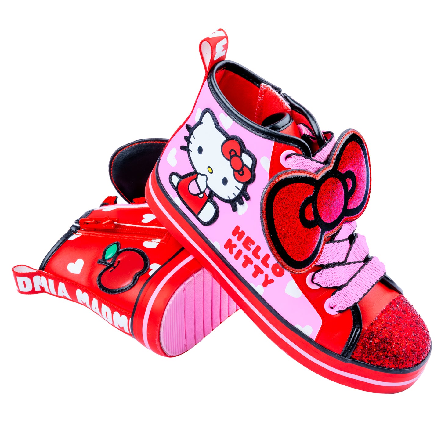 Cute Hello Kitty high top sneakers with oversized glitter bow