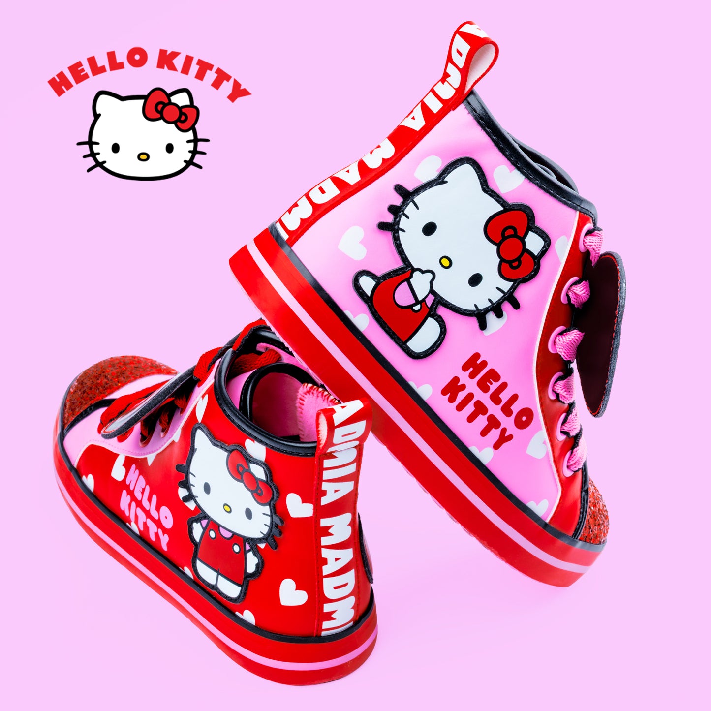 Hello Kitty red and pink glitter high top shoes with bow detail and heart print