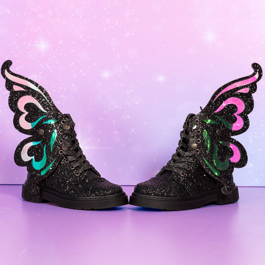 Glitter Fairy boots for kids and adults featuring sparkly design and detachable color-changing fairy wings.