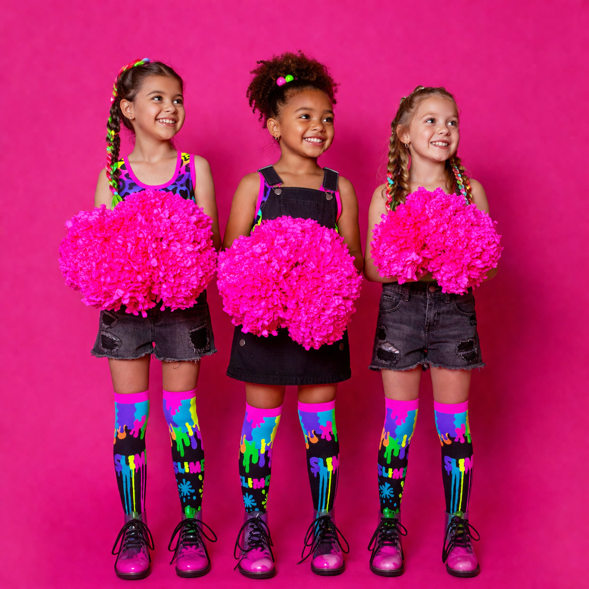 Kids wearing MADMIA slime socks with vibrant neon slime designs perfect for discos, birthdays, and crazy sock day.