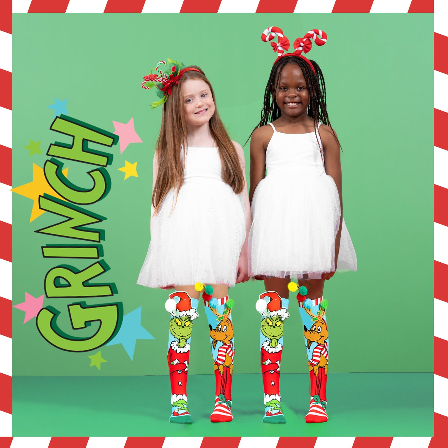 Grinch Christmas character socks for kids and adults with bright colors and festive holiday design.