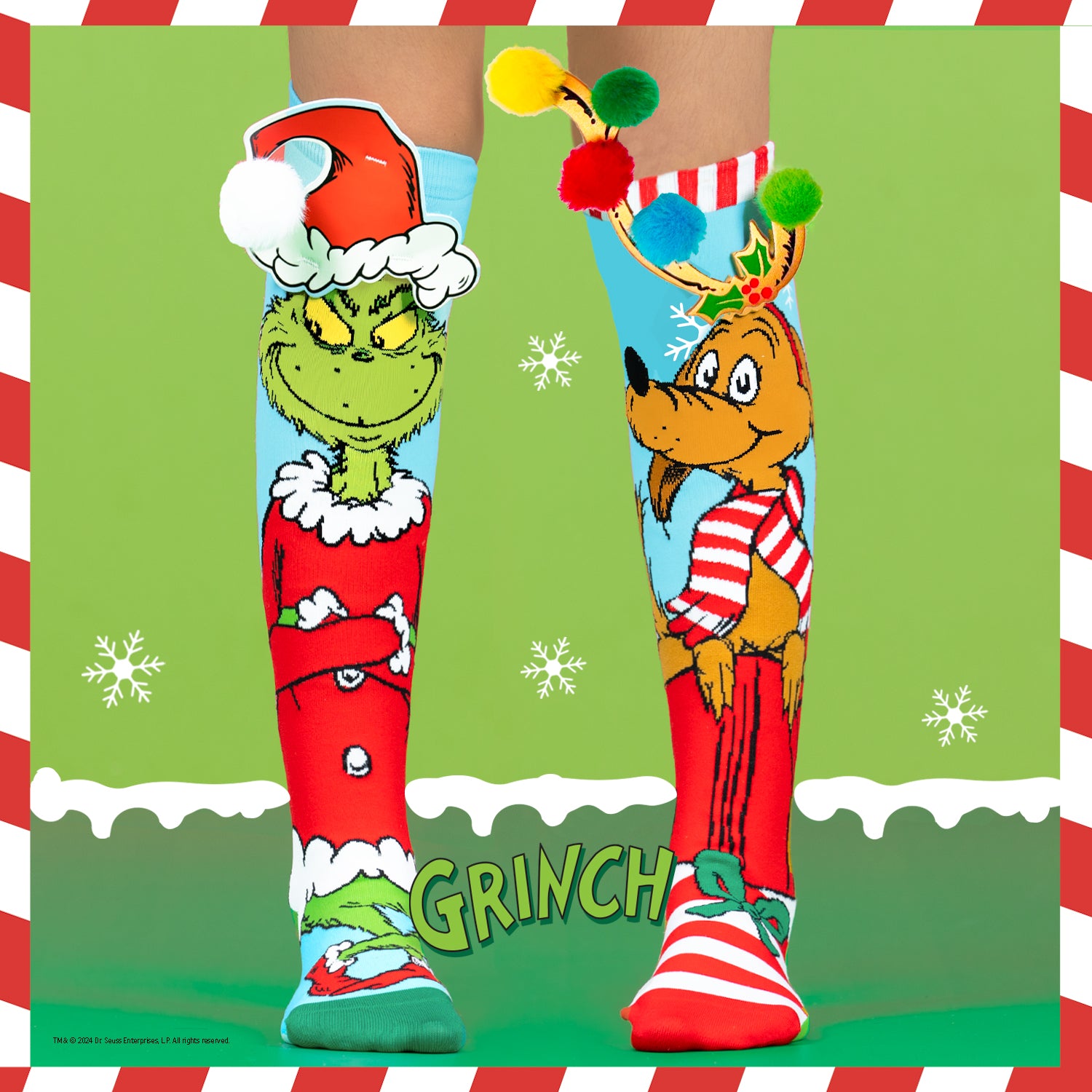 Grinch and Max Christmas knee high socks for kids and adults featuring festive characters and bright holiday colors.