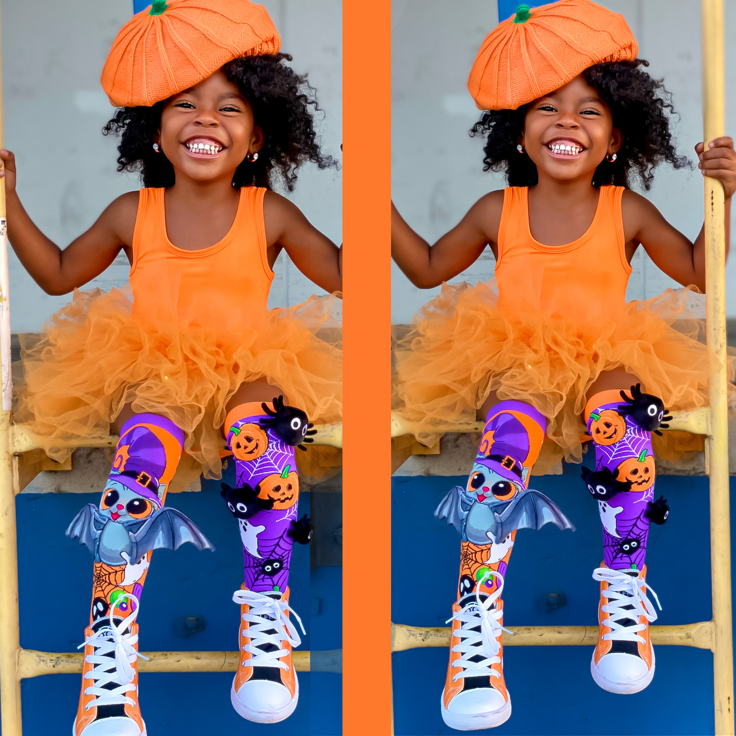 Halloween character socks featuring colorful spooky graphics, 3D spiders, and bat wing details.
