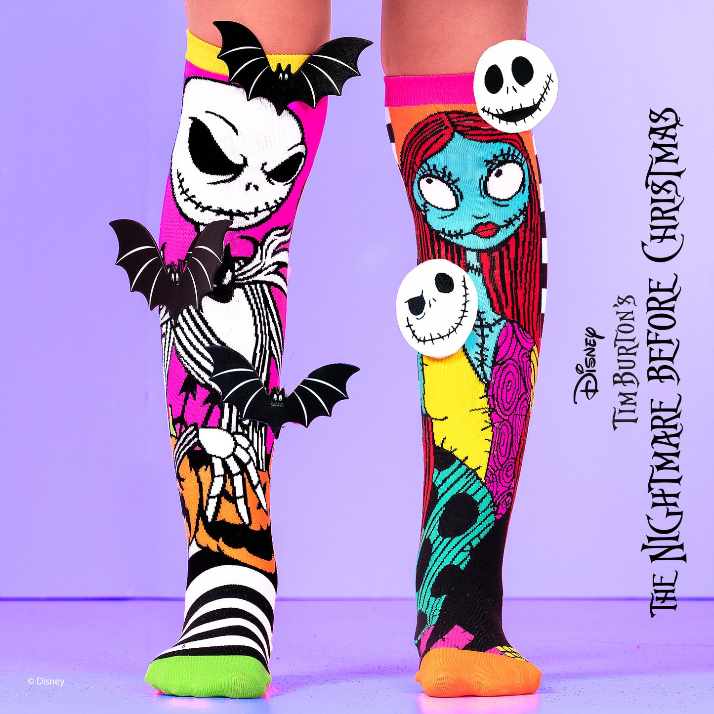 Halloween Jack Skellington and Sally character socks with bright details and spooky playful design.