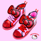 Hello Kitty themed kids sneakers in red and pink with sparkly bow accents