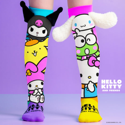 Hello Kitty and Friends knee high socks featuring Kuromi, Cinnamoroll, Keroppi, and plush 3D character ears.
