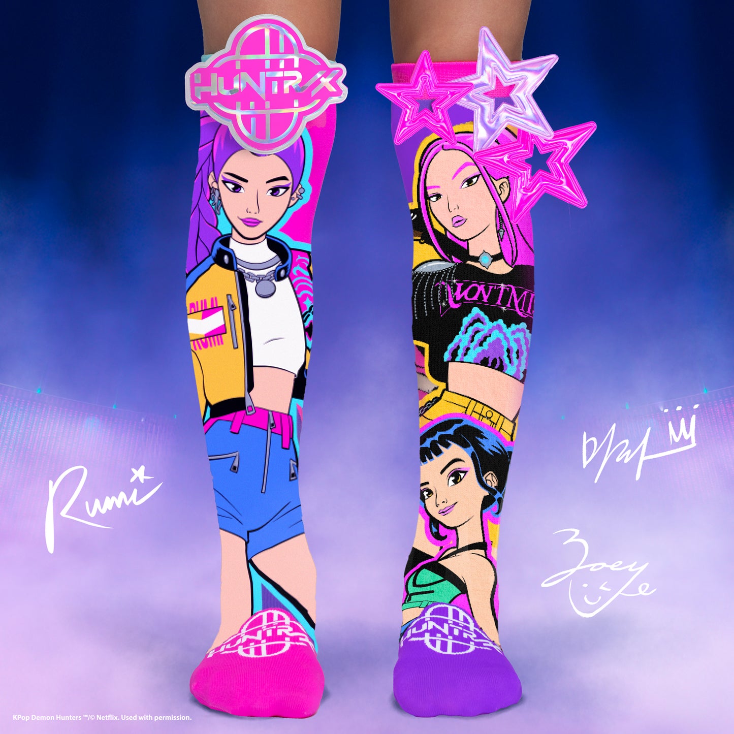 Bright novelty socks inspired by Netflix KPop Demon Hunters series.