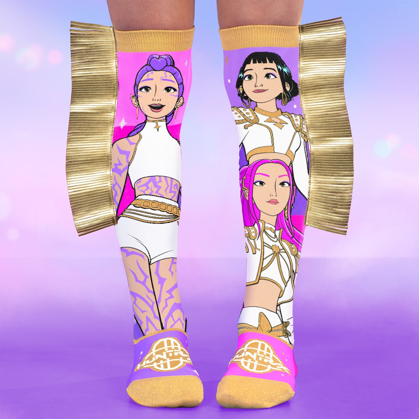 Anime inspired knee socks with colorful KPop Demon Hunters Golden character graphics.