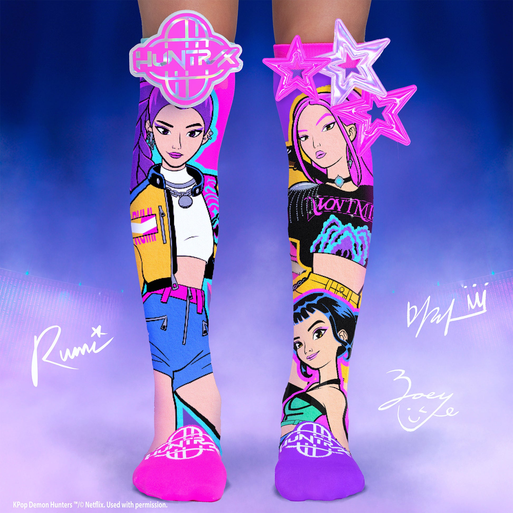 KPop Demon Hunters knee high socks featuring colorful Netflix character artwork and star accessories.