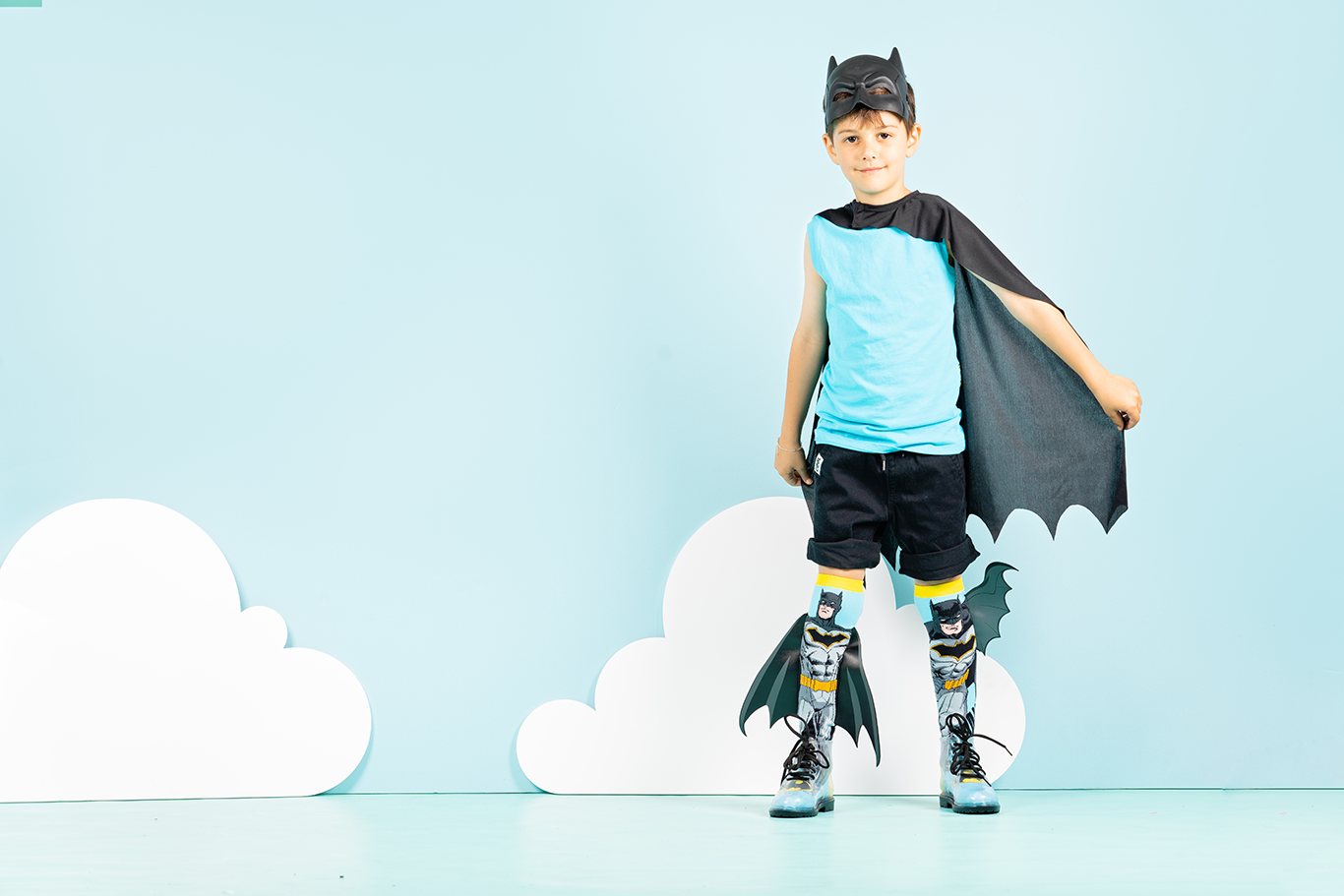 Kids Batman character socks featuring playful superhero graphics and 3D bat wing details.