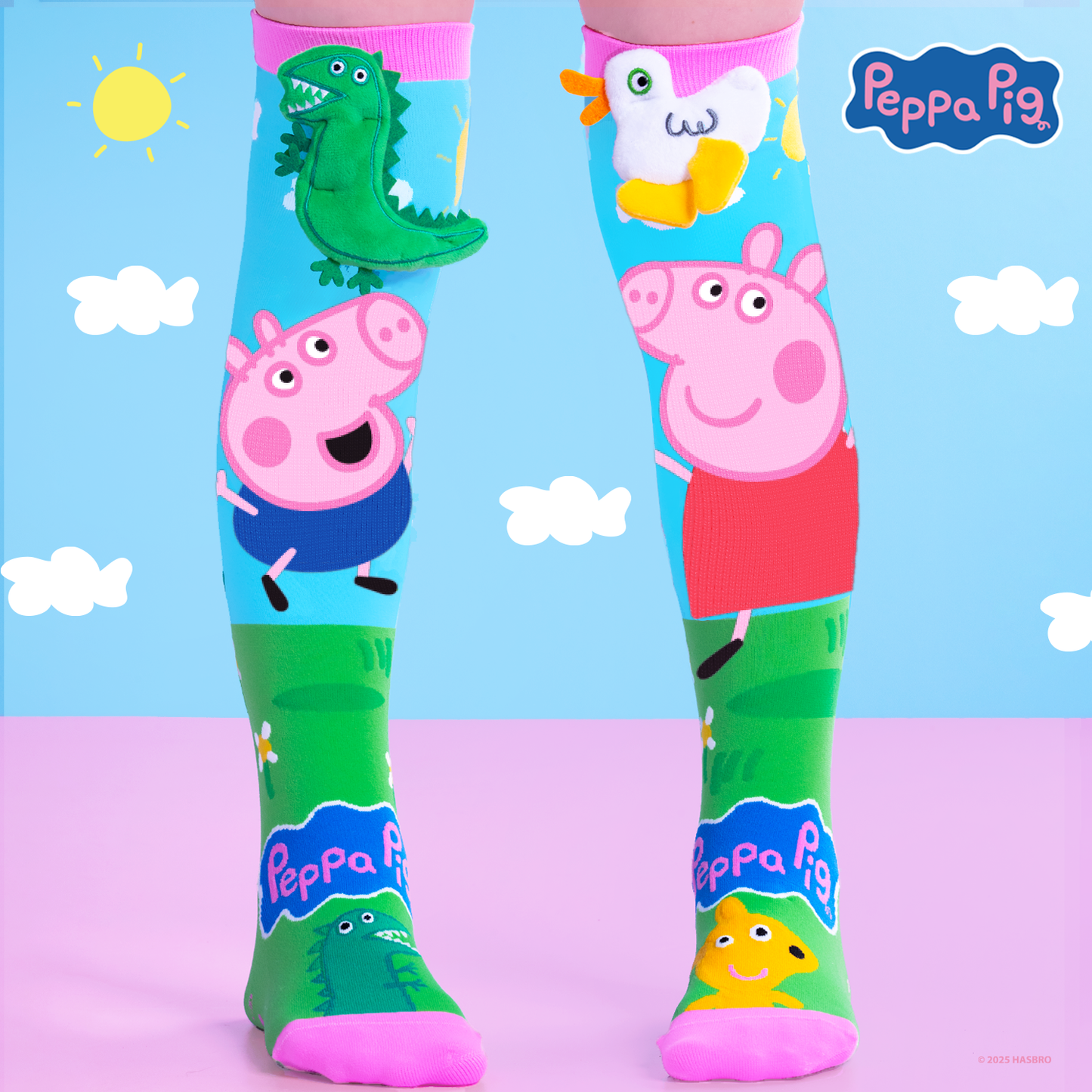 Colorful Peppa Pig and George  socks for kids with fun cartoon graphics and 3D accents