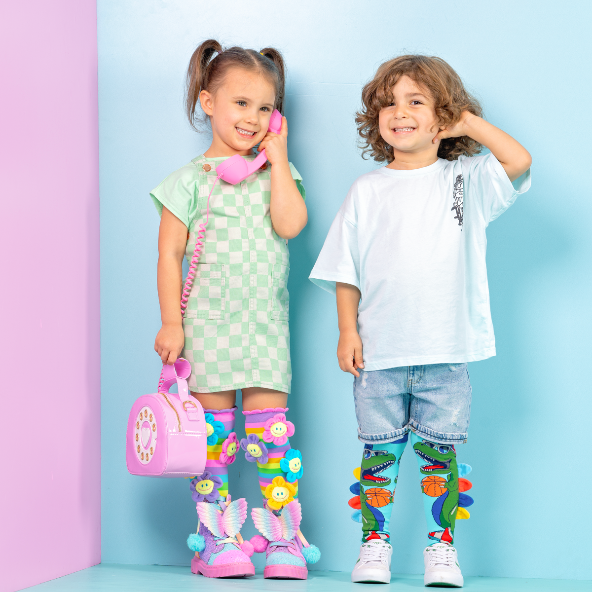 Flower Fun socks for kids and adults with bright colors and custom plush flower details.