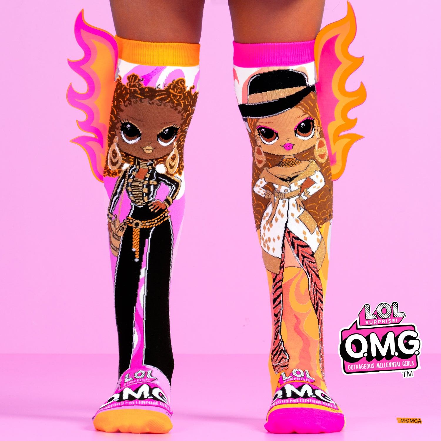 LOL Surprise OMG Bee the Queen knee high socks featuring colorful doll characters and vibrant fashion design.