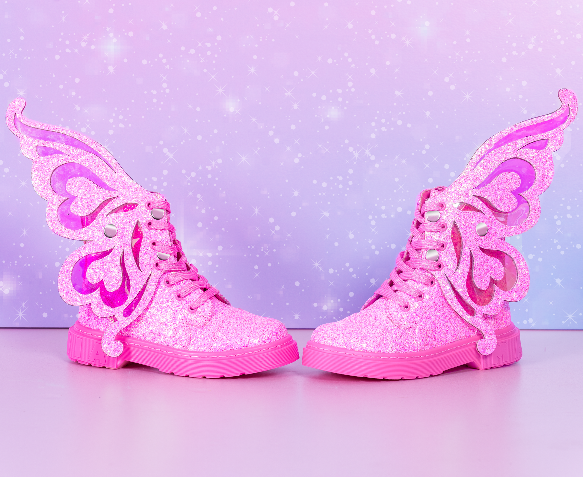 MADMIA Fairy boots featuring light-sensitive detachable wings and colorful sparkly design for kids and adults.