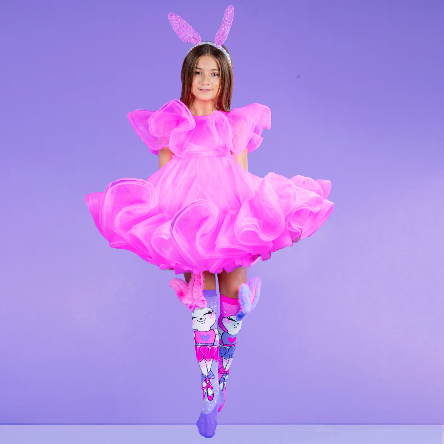 MADMIA Fairyland pink tulle dress for girls featuring layered frills and vibrant pink party design.