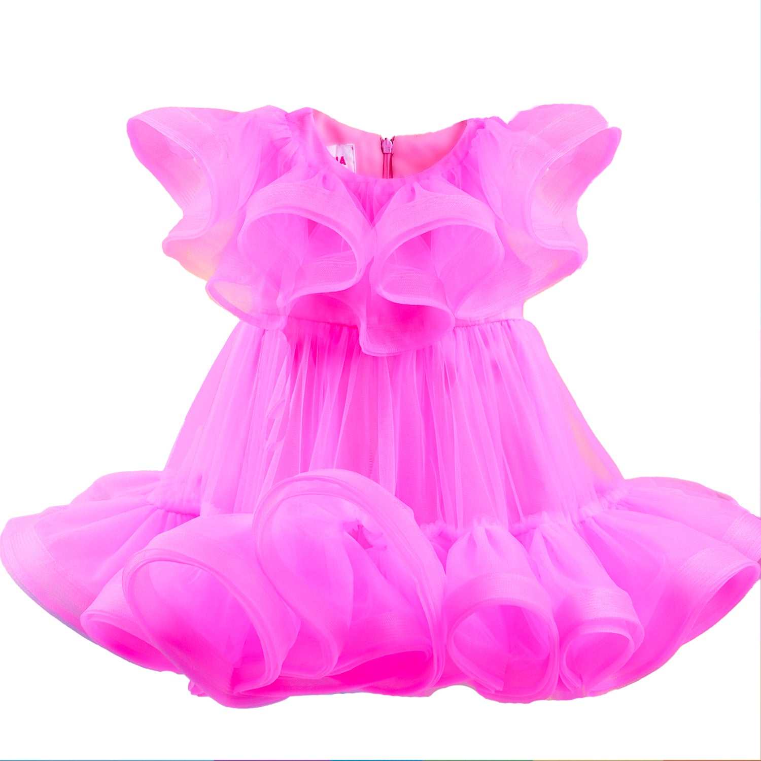 MADMIA pink tulle dress for kids featuring soft layers and playful frills in bright pink color.