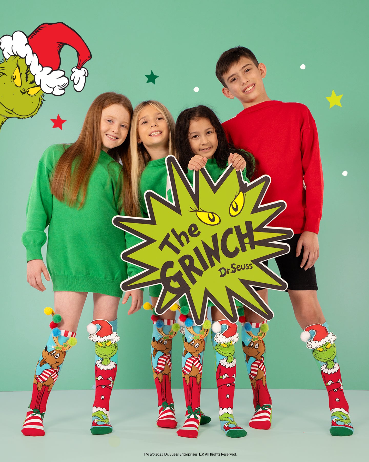 Max Christmas socks featuring the Grinch’s dog with colorful antlers and playful festive design.