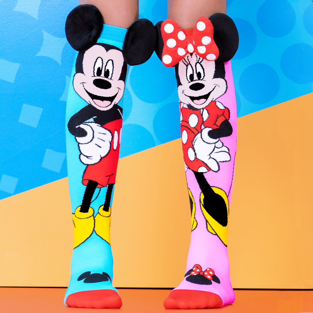 Mickey and Minnie Disney character socks with bright playful colors and soft plush details.
