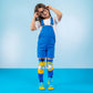 Kid wearing Minions knee high socks with bright yellow and blue cartoon character graphics.