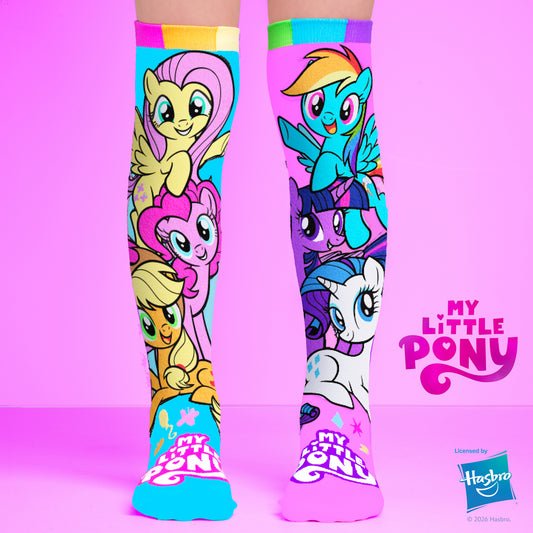 Colorful My Little Pony knee high socks featuring Rainbow Dash, Fluttershy, Pinkie Pie, Applejack and Rarity character artwork.