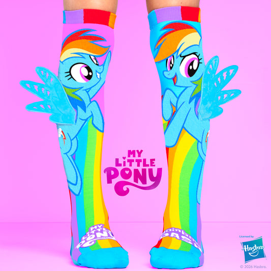 Colorful My Little Pony Rainbow Dash knee high socks featuring rainbow graphics and soft 3D wings on both sides.
