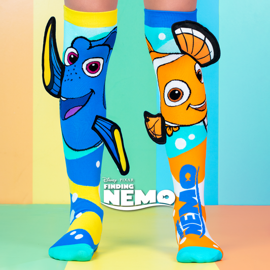 Disney Nemo novelty socks for kids featuring Nemo and Dory with soft 3D plush fins and fun design.