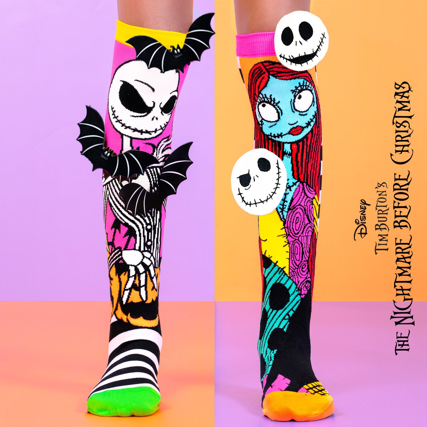 Nightmare Before Christmas novelty socks featuring custom bat details and spooky Halloween design.