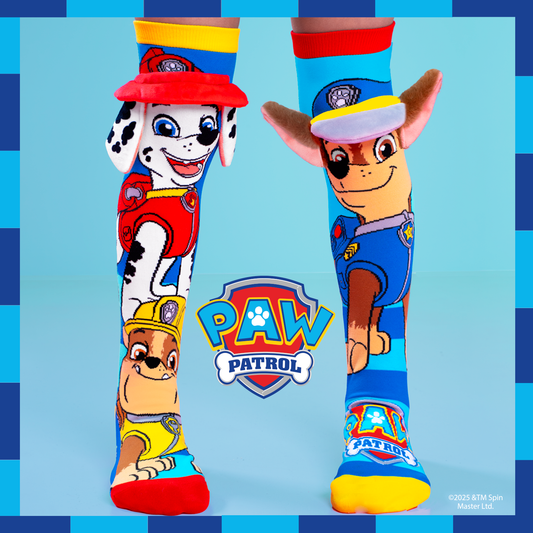 Kids Paw Patrol socks featuring Marshall and Chase characters with plush 3D ears and colorful designs