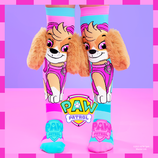 Kids Paw Patrol Skye socks featuring colorful character artwork and fluffy 3D plush ears